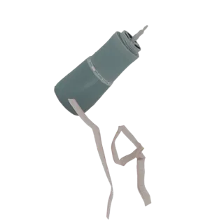 3D model of a teal confetti popper with light pink streamers cascading downwards against a white background.