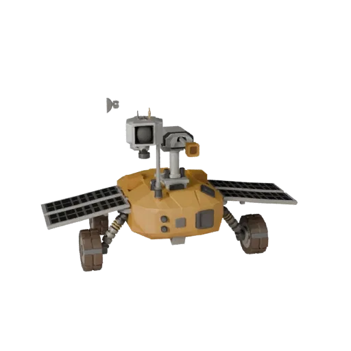 Mars Lunar Lander Low Poly 3D model, game viewport three-quarter view, showing dusty wheels, vehicle stance.