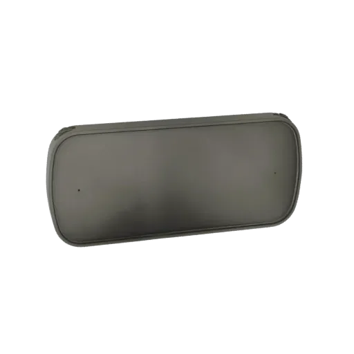 Modelo 3D de un parasol rectangular gris con esquinas redondeadas y dos pequeños orificios para tornillos, presentado sobre u