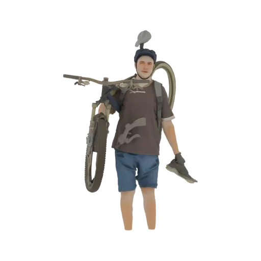 3D model of a male cyclist wearing a helmet and carrying a bicycle over his shoulder, depicted in a neutral pose.