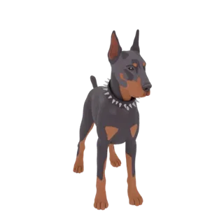 Un modelo 3D estilizado de un perro Dóberman de pie, con un collar de pinchos, con marcas tostadas sobre un cuerpo gris oscur