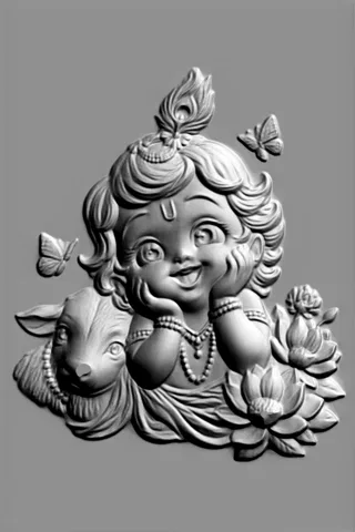 Modèle 3D bas-relief bébé Krishna, assis mains près des joues, entouré de lotus et papillons