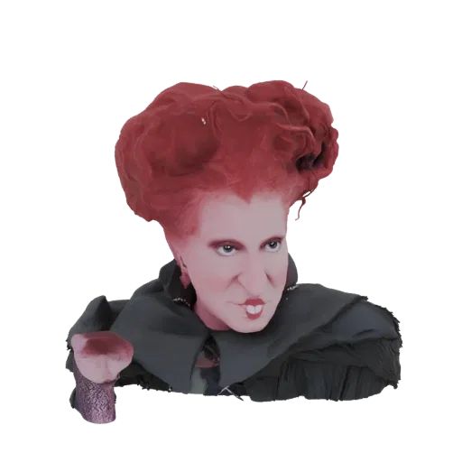 Rendu 3D de Winifred Sanderson de Hocus Pocus, avec ses cheveux roux emblématiques et sa cape sombre, regardant directement l