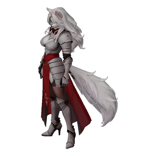 3D model of a white wolf knightess wearing detailed silver armor and a red sash, with long white hair and a large bushy tail.