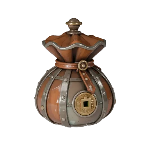 Royal Coin Pouch 3D model, three-quarter front view, Unity viewport, showing aged wood, clear pickup silhouette.