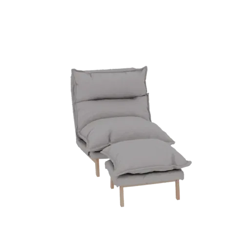 3D model of a gray floor lounge chair with an ottoman, featuring plush cushions and wooden legs, set against a white backgrou