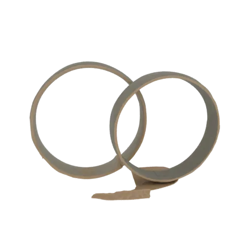 Modelo 3D de uma escultura abstrata com dois anéis interligados sobre uma base minimalista, renderizado em um tom neutro.