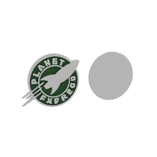 3D model of the Planet Express logo from Futurama, featuring a white rocket ship on a green circular background with text.