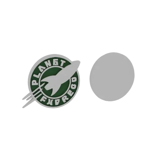 3D model of the Planet Express logo from Futurama, featuring a white rocket ship on a green circular background with text.