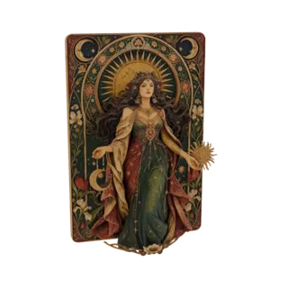 3D model of a celestial goddess with flowing hair, wearing a green and red gown, holding a sun and moon, with a sun halo.