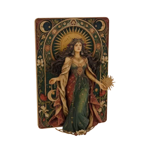 3D model of a celestial goddess with flowing hair, wearing a green and red gown, holding a sun and moon, with a sun halo.
