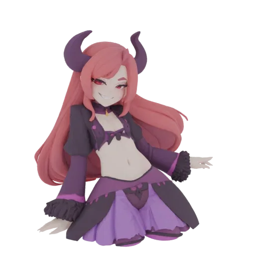 3D model of a demonic sorceress with pink hair, red eyes, purple horns, and a dark gothic outfit, posed alluringly.