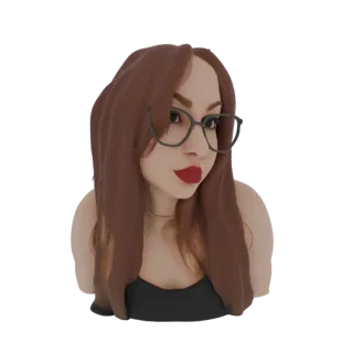 Renderização de modelo 3D de uma mulher estilizada com longos cabelos castanhos, usando óculos e batom vermelho, olhando para