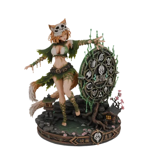 3D model of a mystical Fox Spirit Guardian with a skull mask, green tattered clothing, and a circular artifact, standing on a