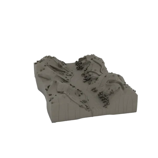 Modular Riverbank Terrain Printable 3D model, isometric tabletop STL render, showing layered soil, water edges.