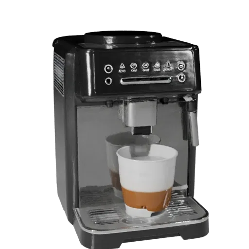 Compact Coffee Machine Product Viz 3D model, dining room, three-quarter studio product render, plastic detail.
