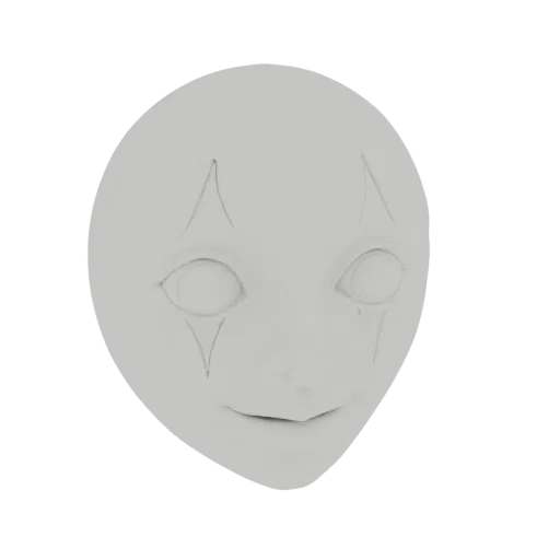 A 3D render of a pale, creepy clown mask with hollow eyes and diamond markings around the eyes.