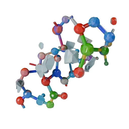 Crystal Protein Chain Stylized 3D model, stylized isometric render, showing colored spheres, molecule layout.