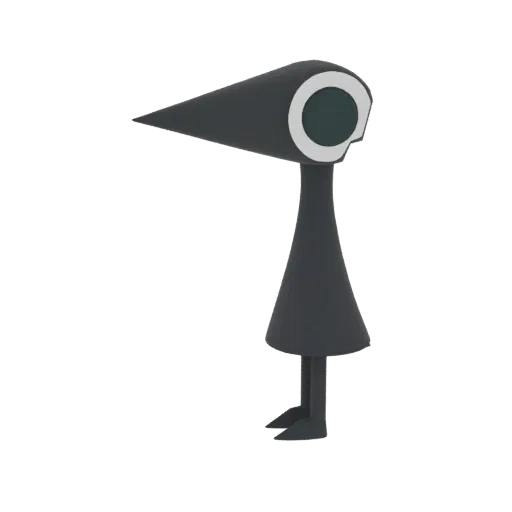A 3D render of a minimalist, dark gray abstract bird character with a large beak and a circular eye, standing on two legs.