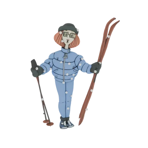 Modello 3D di uno sciatore stilizzato con tuta da sci blu, occhiali e cappello, che tiene sci e bastoncini.