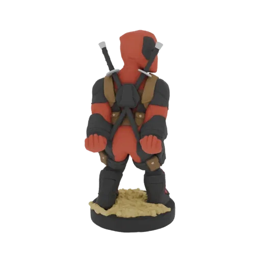 Vista posteriore di un modello 3D di Deadpool nella sua iconica tuta rossa e nera, con i pugni alzati, spade sulla schiena, i