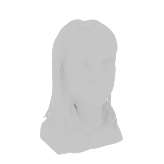 Rendering modello 3D busto giovane donna, mostrato dalle spalle in su, con finitura grigio neutro su sfondo bianco.