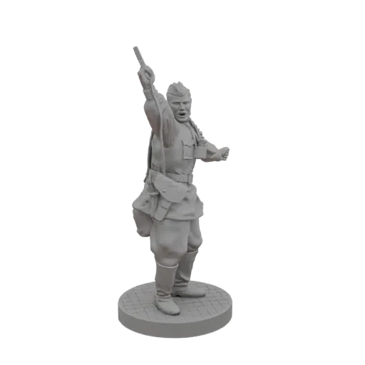 3D model of a Soviet Commissar in a dynamic pose, raising one arm and holding a baton, with detailed uniform and gear.