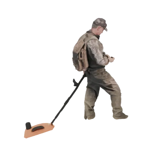 3D model of a georadar operator wearing a backpack and holding a metal detector, depicted in a realistic style.