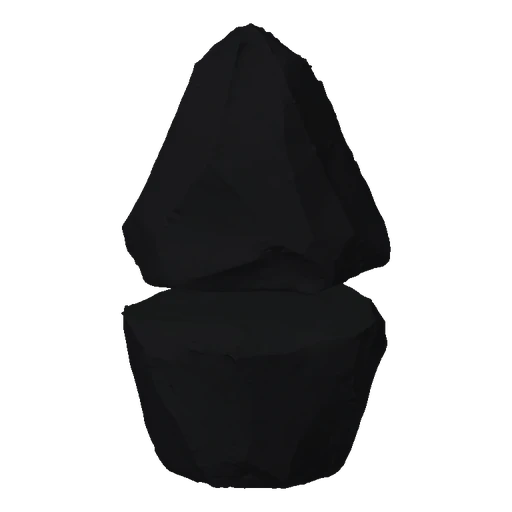 A 3D render of a jagged, dark obsidian rock with sharp edges and a reflective surface, set against a black background.