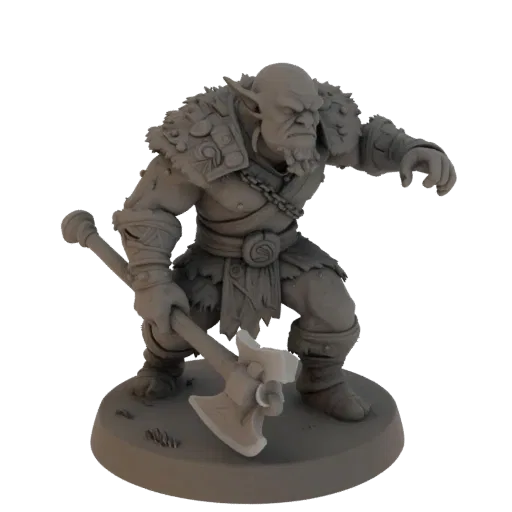 Fantasy Goblin Barbar Miniature STL, Drei-Viertel-Tabletop-Rendering, harzdruckbare Feindminiatur mit Axt, Pelzrüstung, Narbe