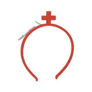A 3D model render of a red plastic headband with a white cross symbol attached to the top, designed as a nurse's accessory.