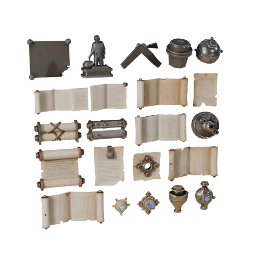 Market Scroll Bundle Realistic 3D model, three-quarter studio render, showing paper-like cards, small readable forms.