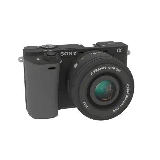 3D model of a black Sony Alpha mirrorless camera with a black kit lens, shown from a three-quarter front angle against a whit