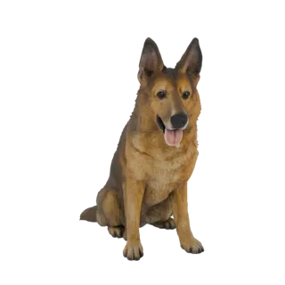 Modelo 3D de un perro Pastor Alemán sentado atentamente, con la lengua ligeramente afuera y las orejas erguidas.