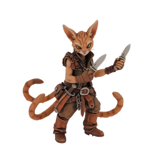 3D-Modell eines Tabaxi Schurken, einer katzenartigen humanoiden Figur mit orange getigerten Streifen, in Lederüstung und mit