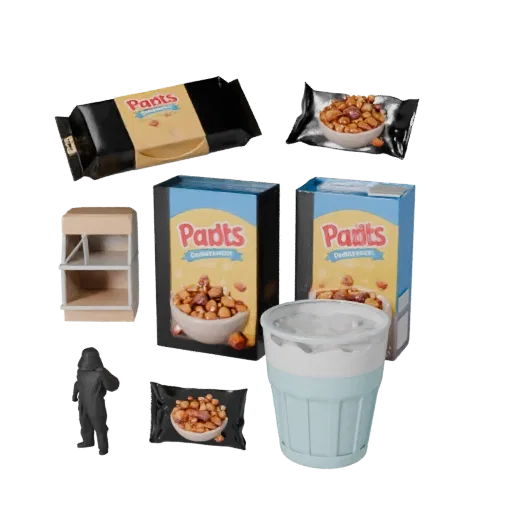 Snack Cereal Box Stylized 3D model, stylized isometric render, showing cardboard, package massing.