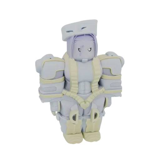 3D model of a futuristic robotic warrior with light gray and cream armor, standing in a neutral pose.
