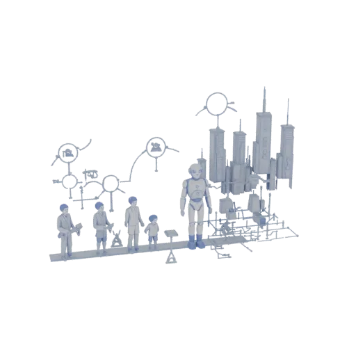 3D model of a futuristic cityscape with a large robot, human figures, and stylized buildings in blue.