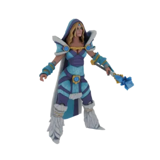 3D model of a female ice sorceress in blue and purple armor, holding a crystal staff, with a hood and white fur trim.