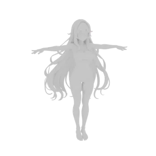 A 3D render of a stylized anime girl floating with her arms outstretched, presented in a neutral gray untextured finish.