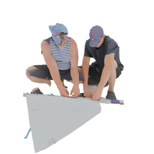 3D model of two men in blue sailor hats, one in a striped shirt, the other in a dark shirt, crouching and working on a light