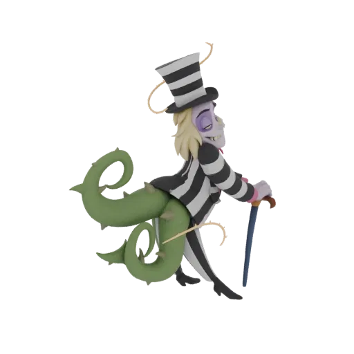3D model of Beetlejuice in a striped suit, entwined with green thorny vines, striking a dramatic pose.