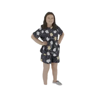 3D model of a young girl with brown hair, wearing a dark blue jumpsuit with a white and yellow abstract pattern, standing wit