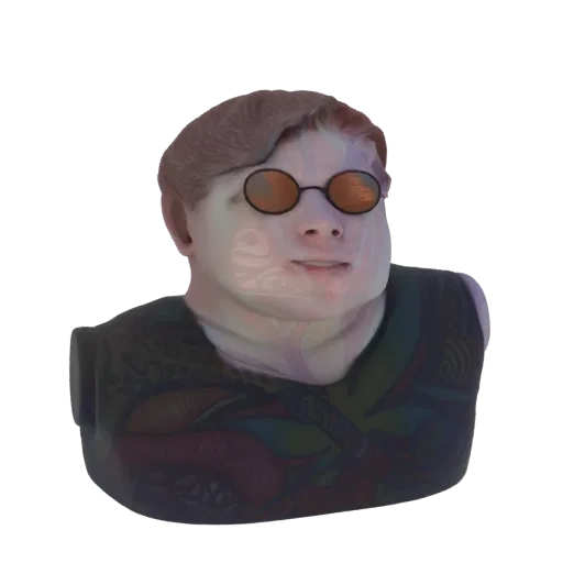 Ein 3D-Render einer stilisierten Büste mit orange getönter Brille und buntem abstraktem Muster-Overlay, präsentiert auf weiße