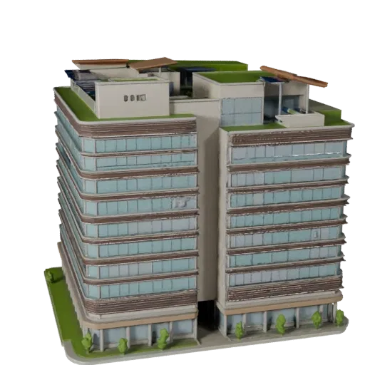 Sustainable Office Building stylized 3D model, isometric stylized game environment view, showing commercial office building m