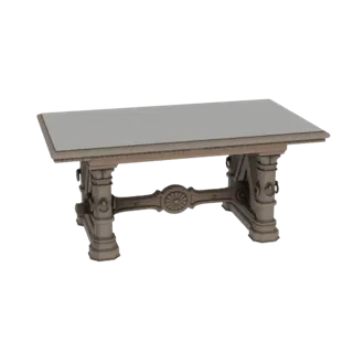 Modelo 3D de una mesa de comedor ornamentada tallada en madera con tablero rectangular claro y patas talladas intrincadamente