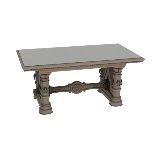 3D model of an ornate carved wooden dining table with a light-colored rectangular top and intricately carved legs.