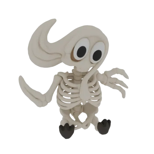 A 3D render of a cute, cartoon-style skeleton character sitting with large googly eyes and outstretched arms.