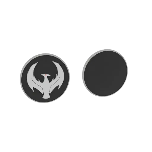 3D render of a circular coin with a stylized silver phoenix emblem on a dark background, and a plain dark circle on the reverse.
