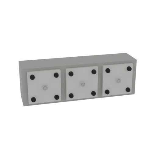 A 3D render of a gray, rectangular triple dice holder with three square indentations for dice.